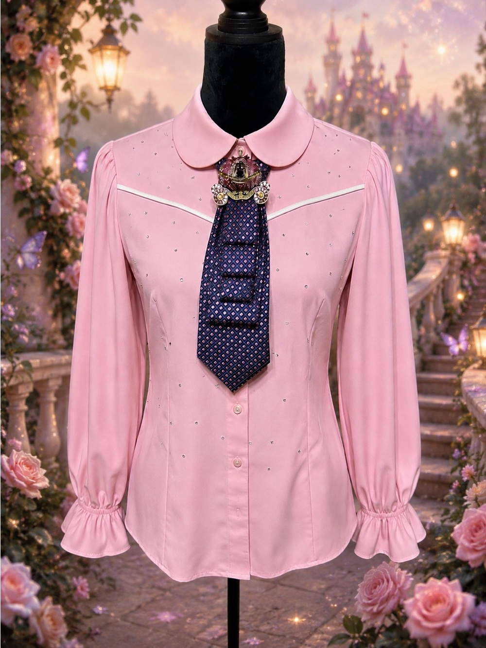 OOAK Handsewn Necktie Necklace with Cinderella Carriage Brooch and Necklace